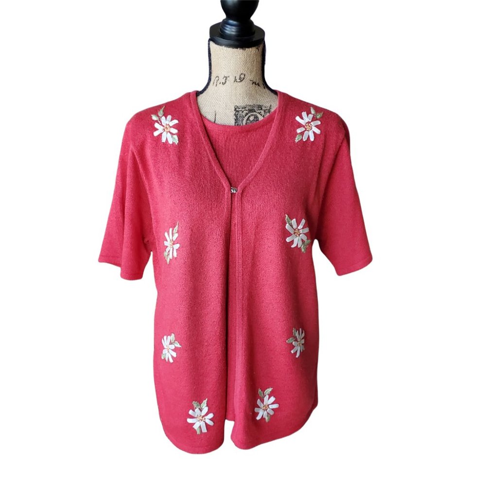 SAG HARBOR Sweater Top, Red w/White Flowers Size Large